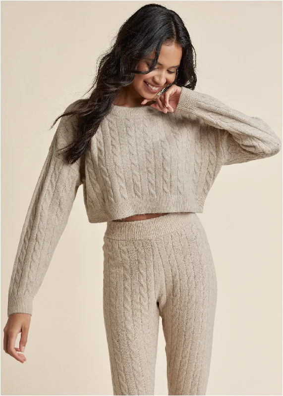 Women's Holiday Apparel Cable Knit Cropped Sweater - Oatmeal Heather