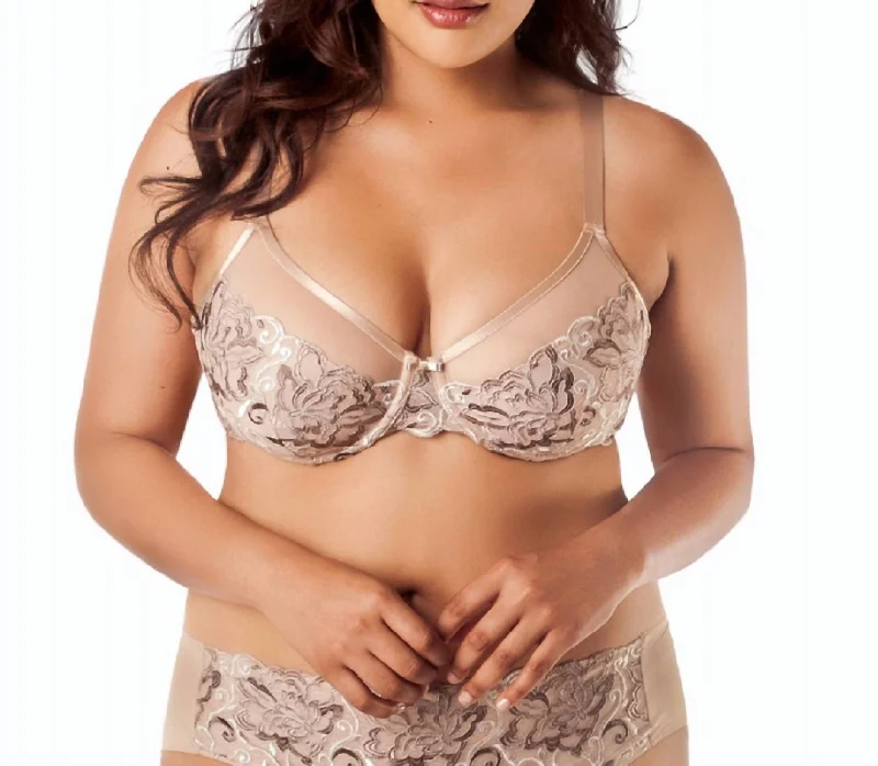 Women's Elegant Clothing Sets Pearl Lotus Embroidered Underwire Bra In Bombshell Nude