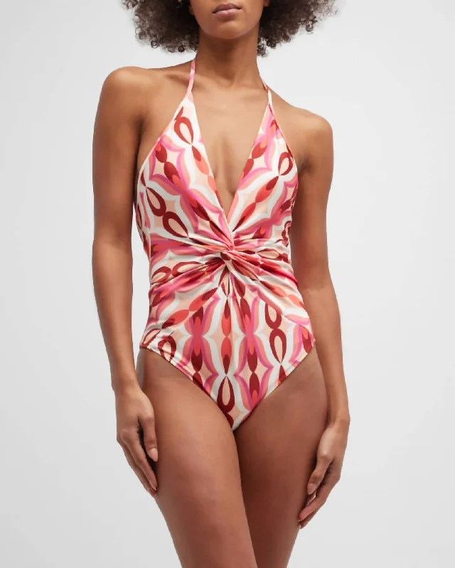 Casual Outfit For Women Twist Halter-Neck Plunge One-Piece Swimsuit In Pink