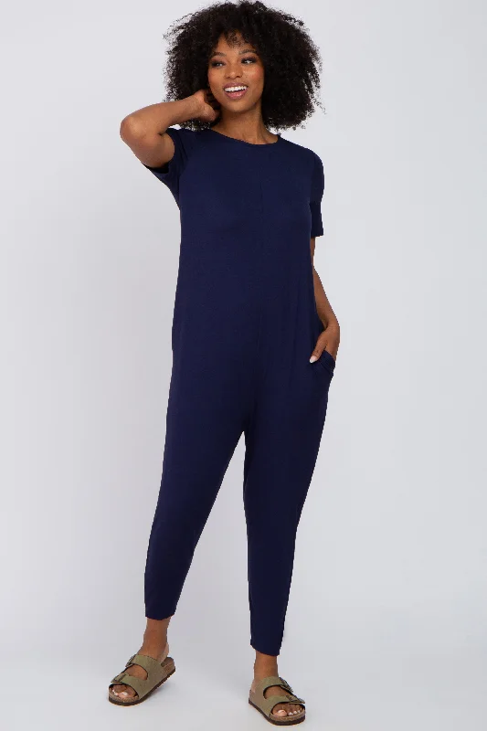 Women's Transitional Attire Navy Blue Basic Short Sleeve Jumpsuit