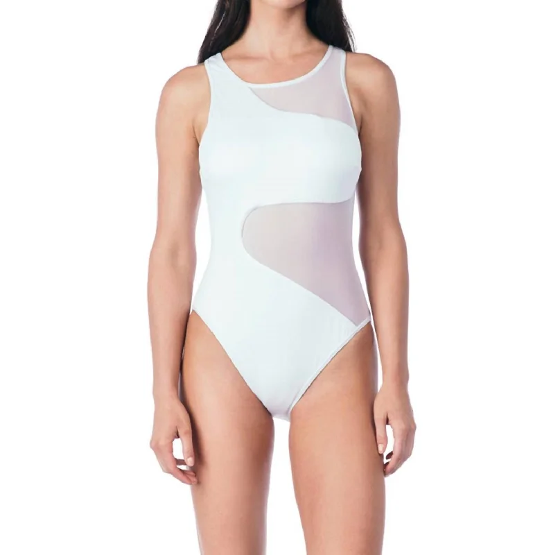 Women's Relaxed Outfit All Meshed Up Mesh High Neck One Piece Swimsuit In Solid White