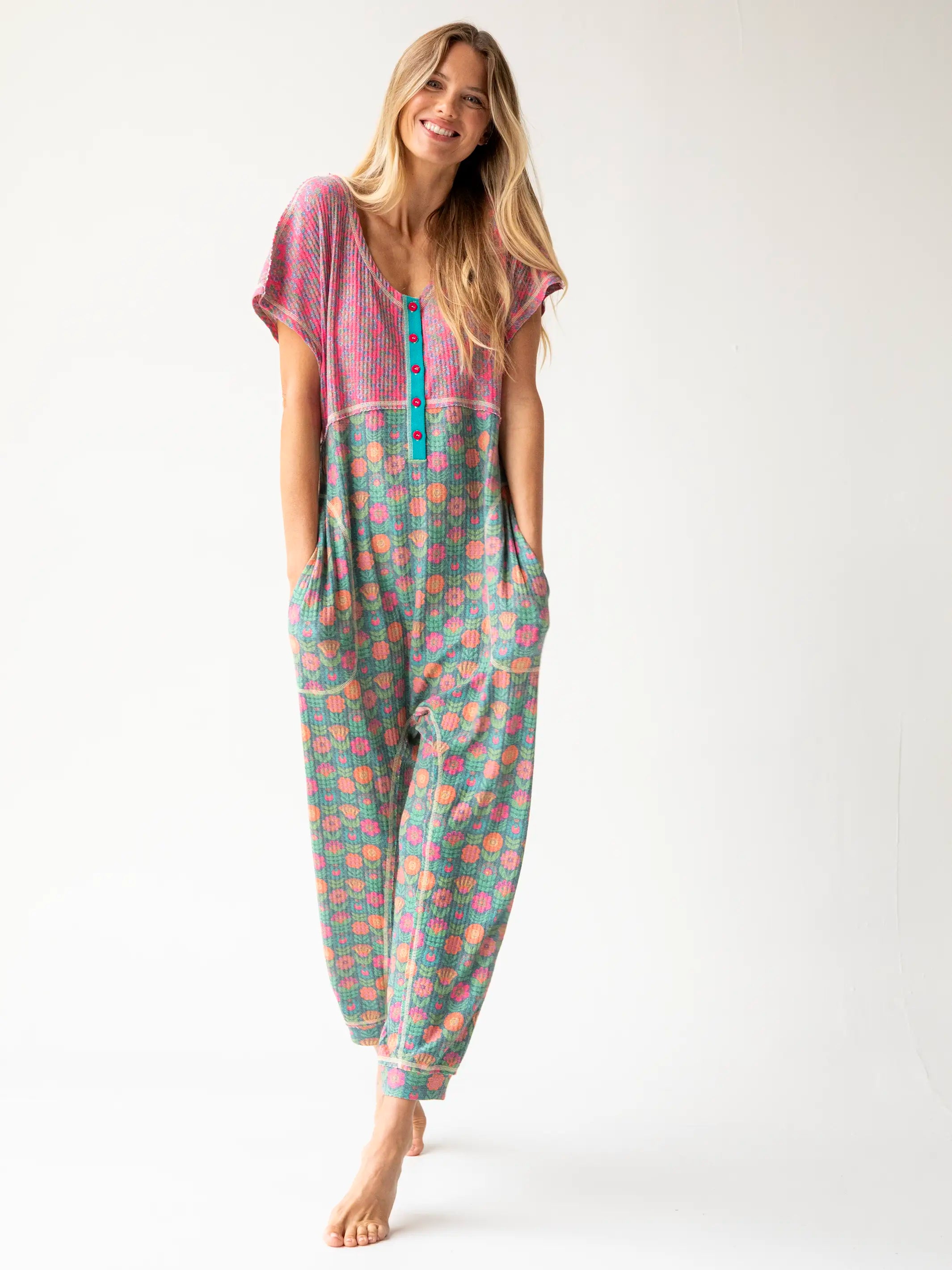 Women's Seasonal Attire Mix & Match Waffle Jumpsuit - Hot Pink Green Mixed Floral