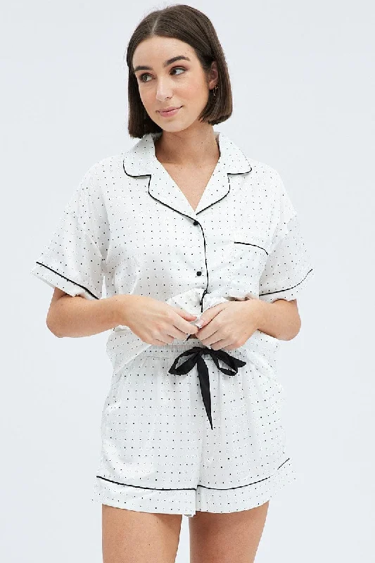 High-Fashion Women's Clothing White Polka Dot Polka Pj Contrast Piping Satin Pyjama Set High-Fashion Women's Clothing White Polka Dot Polka Pj Contrast Piping Satin Pyjama Set