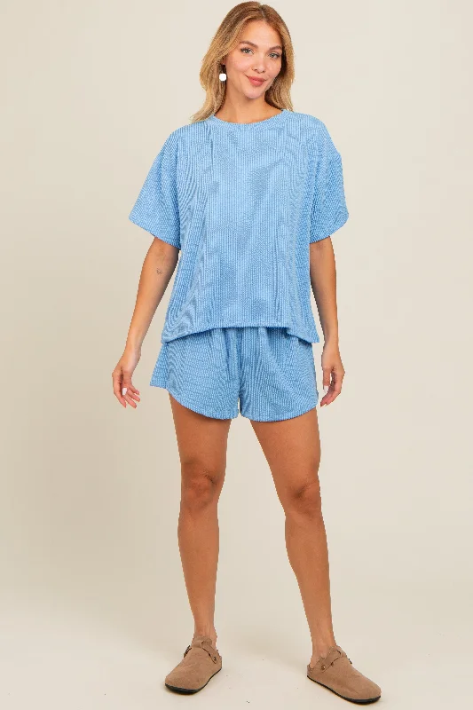 Chic Women's Outfit Blue Ribbed Shorts Set