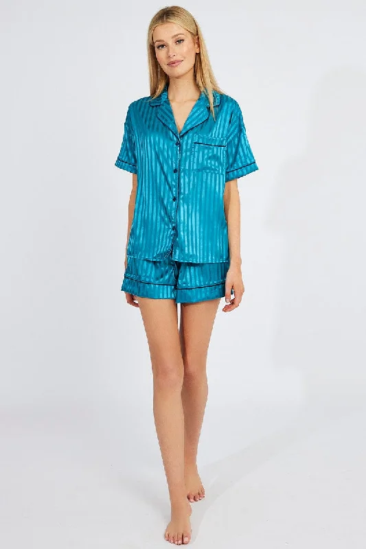Plus-Size Women's Garments Blue Stripe Pyjama Set Stripe Satin Jacquard Navy Piping PJ Plus-Size Women's Garments Blue Stripe Pyjama Set Stripe Satin Jacquard Navy Piping PJ