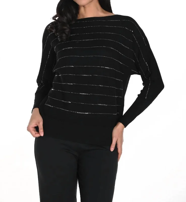 Women's Effortless Casual Outfit Boat Neck Striped Knit Sweater In Black/Grey