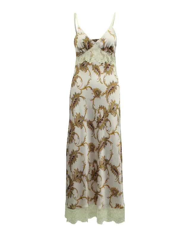 Women's Elegant Garments Paco Rabanne Lace-Trim Floral Print Satin Slip Dress in Pastel Purple Polyester