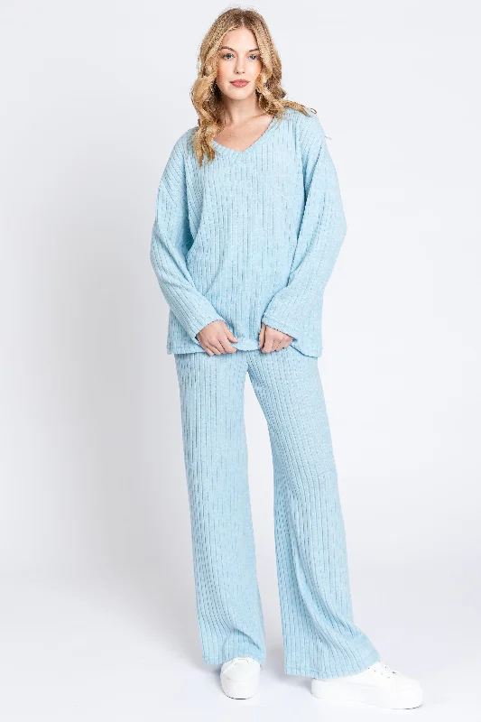 Comfortable Women's Clothing Light Blue Ribbed Soft Knit Long Sleeve Pajama Set