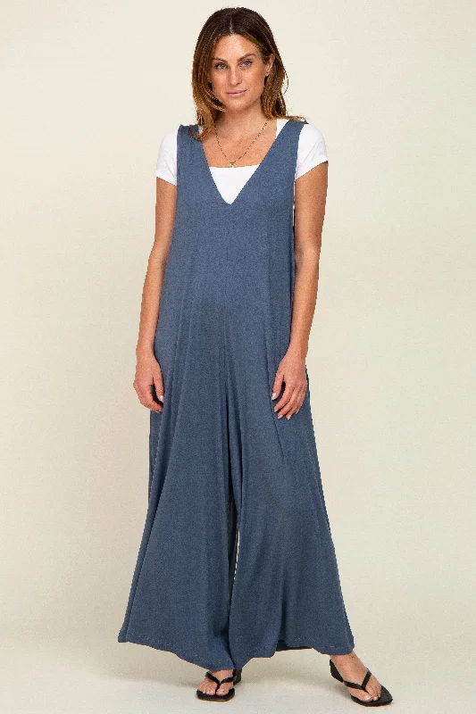 Women's Contemporary Apparel Blue Deep V Sleeveless Wide Leg Jumpsuit