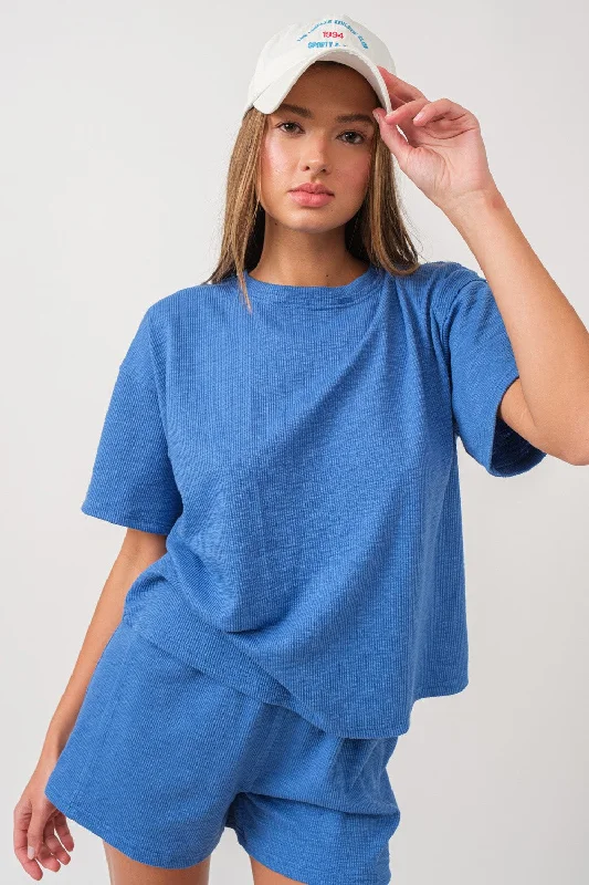 Affordable Women's Clothing Blue Ribbed Short Sleeve Short Set