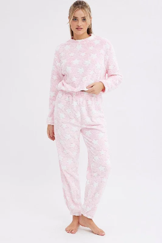 Women's Plus-Size Outfit Pink Print Fluffy Pj Star Print Cosy Pyjama Set