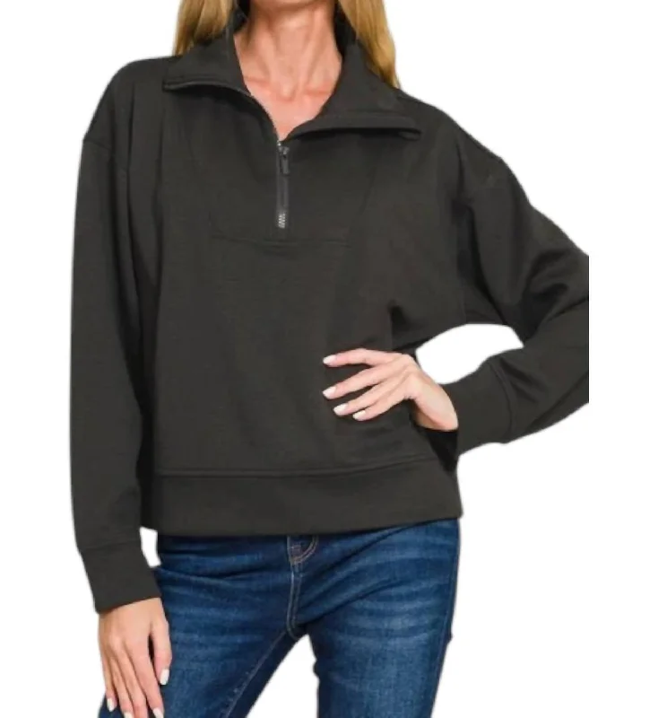 Comfortable Garments For Women Scuba Half Zip Pullover Sweater In Black