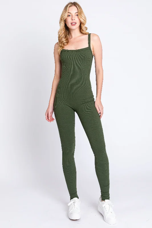 Casual Chic Clothing For Women Olive Ribbed Sleeveless Jumpsuit