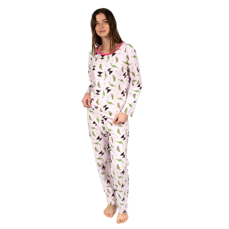 Stylish Women's Garments For Holidays Womens Two Piece Cotton Loose Fit Pajamas Dinosaur Pink Stylish Women's Garments For Holidays Womens Two Piece Cotton Loose Fit Pajamas Dinosaur Pink