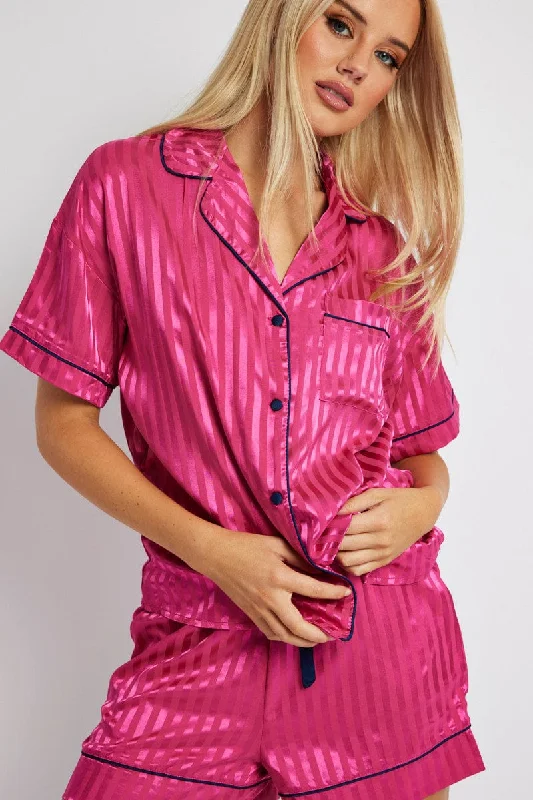 Women's Formal Apparel Pink Stripe Pyjama Set Stripe Satin Jacquard Navy Piping PJ