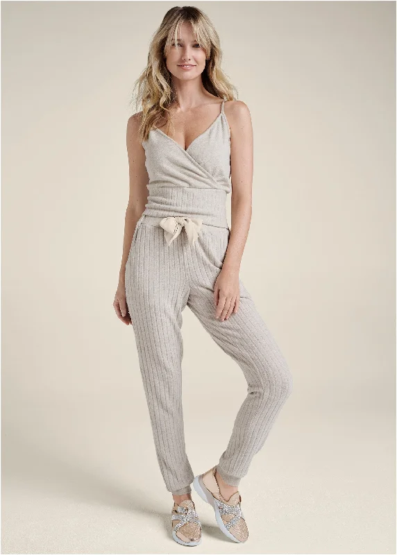 Women's Clothing Outfit Set Ribbed Hacci Jogger Set - Taupe