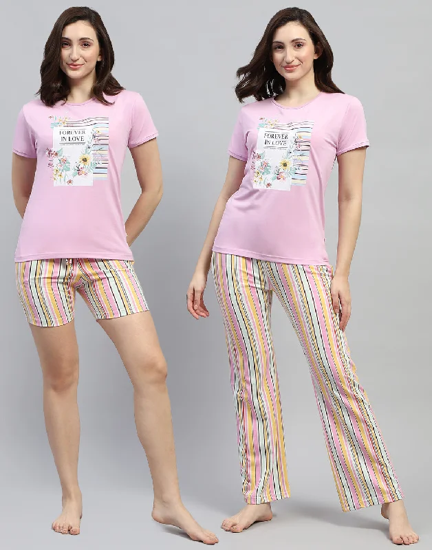 Affordable Women's Clothing Women Pink Printed Round Neck Half Sleeve Combo 3Pc Set