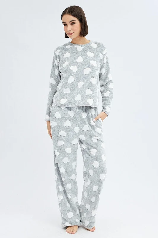 Women's Effortless Casual Outfit Grey Print Fluffy Pj Mint Cloud Print Cosy Pyjama Set