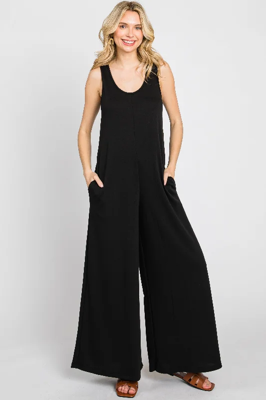 Women's Clothing For Work Black Wide Leg Sleeveless Jumpsuit