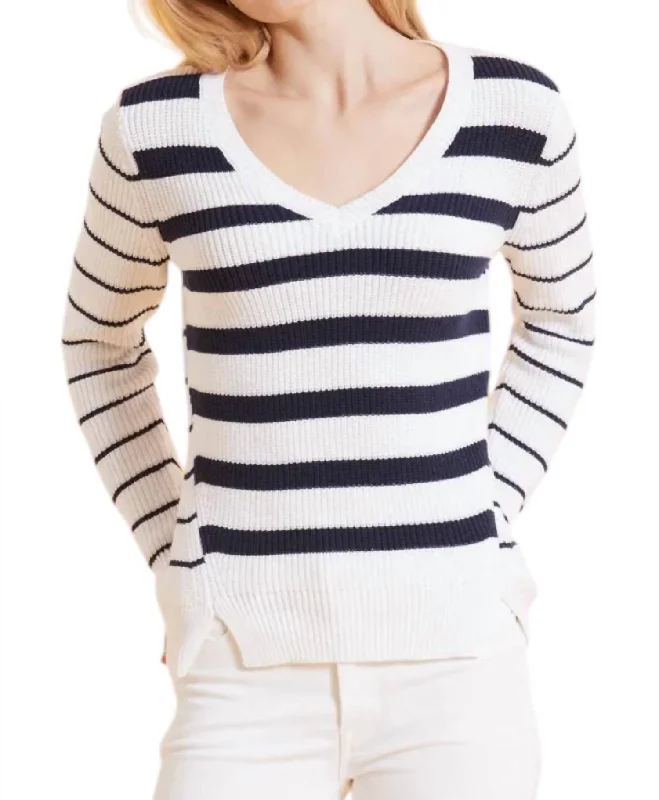 Women's Elegant Garments Cotton Striped Shaker Sweater In Navy