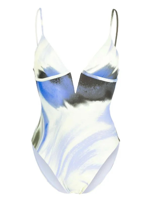 Women's Workout Clothing Maelle V-Neck One Piece Swimsuit In Marina Blue Print