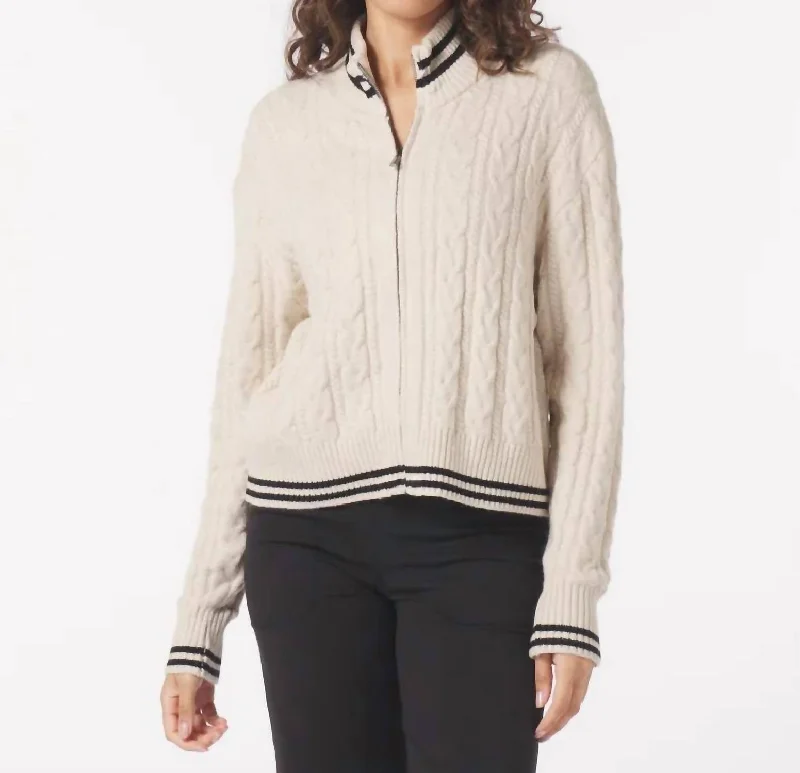 Women's Active Clothing Leisure Cable Knit Zip Up Sweater In Oatmilk/black