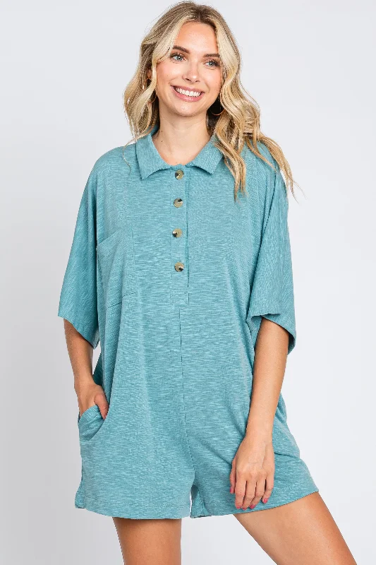 Women's Evening Garments Teal Heathered Front Button Romper