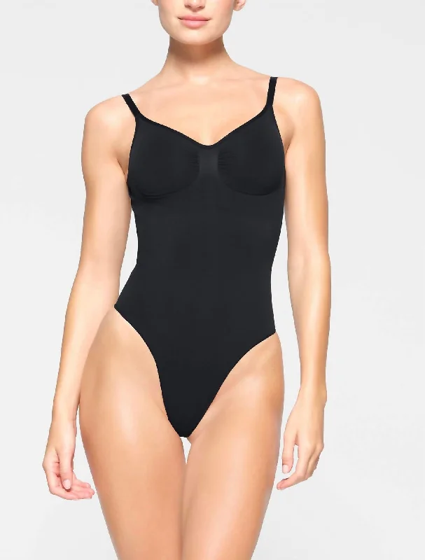 Women's Formal Event Attire Seamless Sculpt Low Back Thong Bodysuit In Onyx