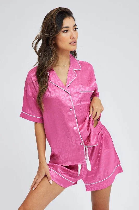 Women's Clothing For Outdoor Events Pink Pyjama Set Leopard Jacquard Satin Piping PJ Women's Clothing For Outdoor Events Pink Pyjama Set Leopard Jacquard Satin Piping PJ
