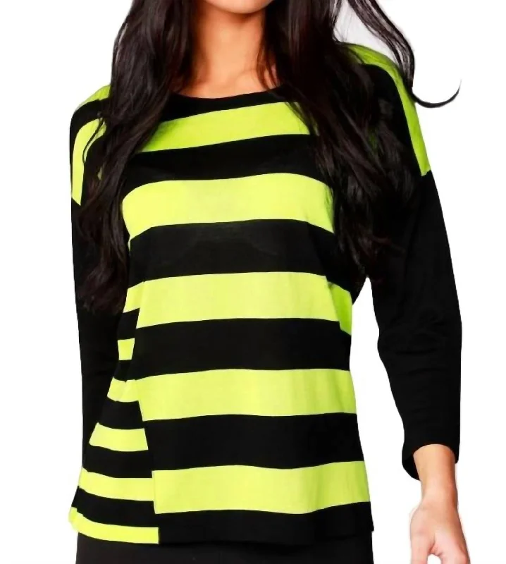 Women's Wedding Apparel 3/4 Sleeve Stripe Scoop Neck Sweater In Black/kiwi