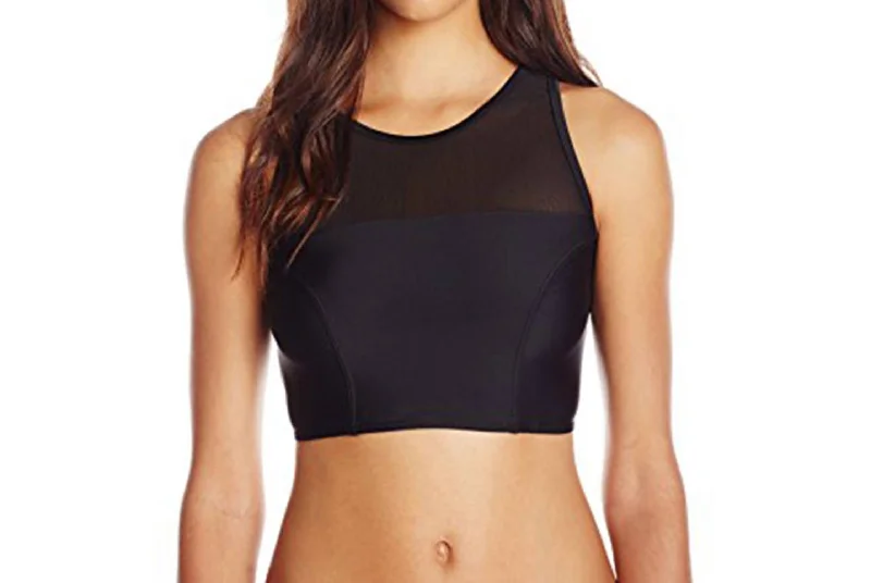 Women's Transitional Clothes Bottom's Up Sport Crew Neck Mesh Bikini Top In Black