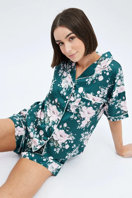 Women's Garments Green Floral Forest PJ Rose Floral Contrast Piping Pyjama Set