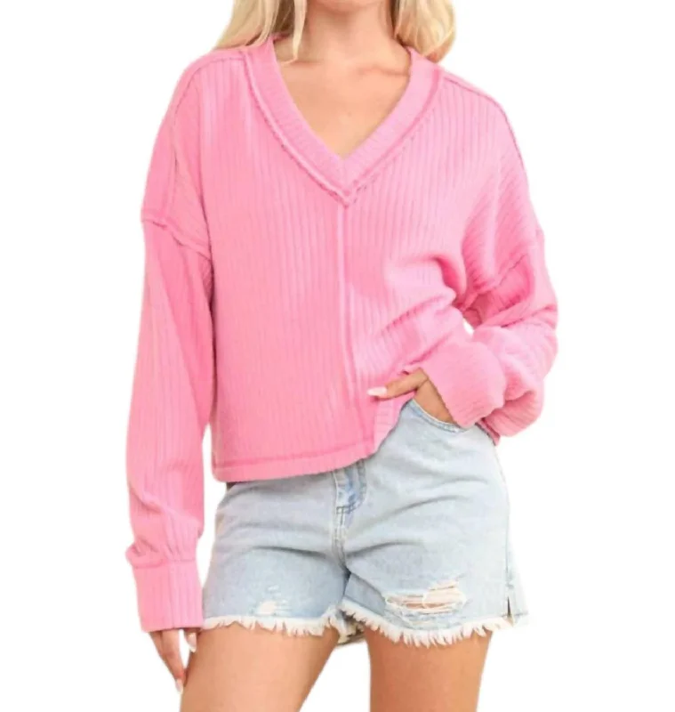 Women's Casual Garments Vneck Raw Hem Cozy Sweater In Pink