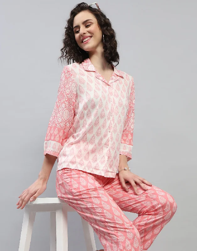 Women's Clothes For The Office Women White & Pink Printed Collar Neck 3/4 Sleeve Lower Set Women's Clothes For The Office Women White & Pink Printed Collar Neck 3/4 Sleeve Lower Set