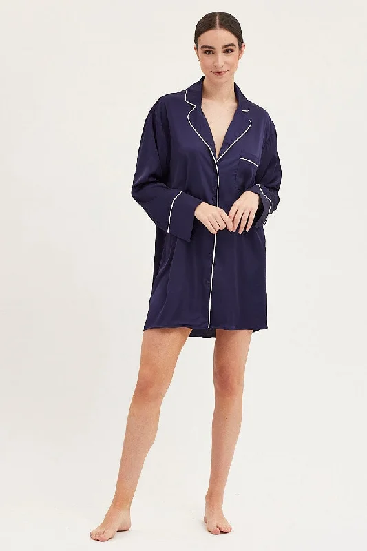 Women's Transitional Attire Blue Satin Pajamas Long Sleeve