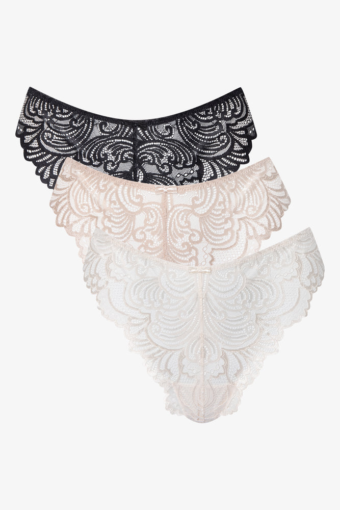 Women's Classic Attire 3 Pack Lace Thongs Black, Natural & White