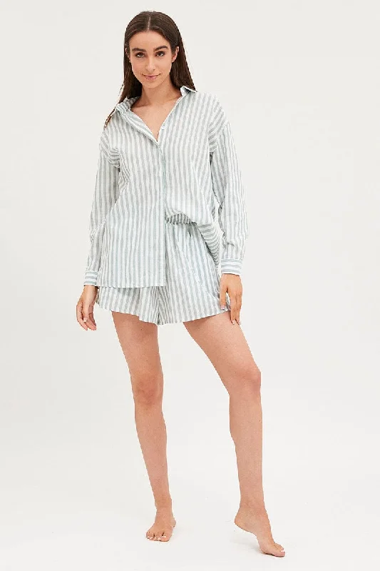 Women's Chic Outerwear Attire Stripe Â Linen Pajamas Set Long Sleeve