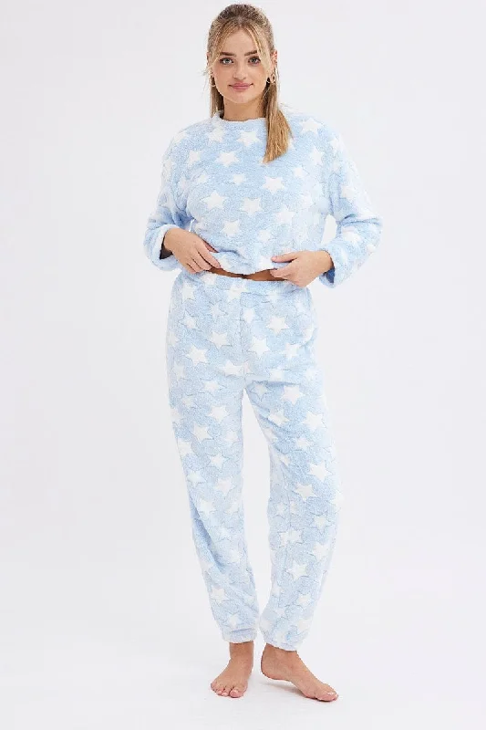 Women's Outerwear Attire Blue Print Fluffy Pj Star Print Cosy Pyjama Set