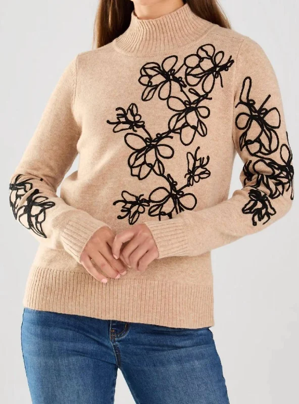 Women's Evening Attire Long Sleeve Embroidered Sweater In Beige/black