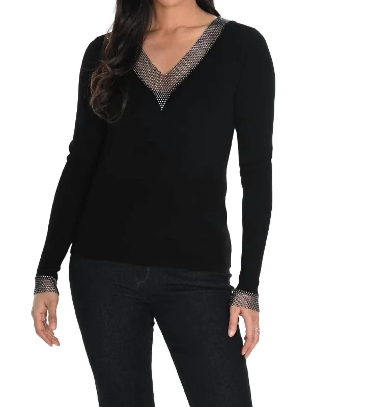 Chic Women's Attire V-Neck Sweater With Crystal Stone Detail In Black