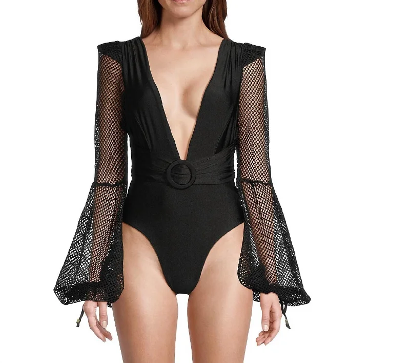 Casual Chic Clothing For Women Plunge Fishnet-Sleeve One-Piece Swimsuit In Black