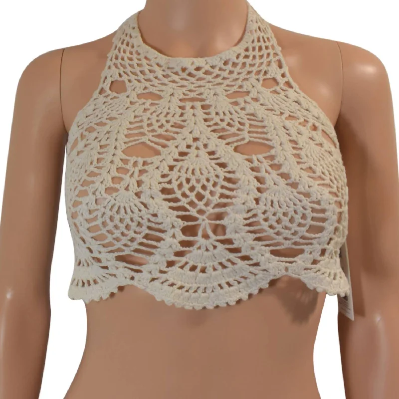 Women's Sporty Clothes Dreamweaver Halter Tie Strap Crochet Bikini Top In Ivory