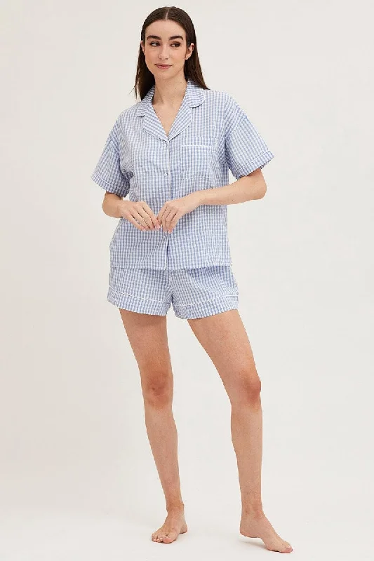 Women's Elegant Formal Outfit Check Contrast Piping Pajamas Set Short Sleeve