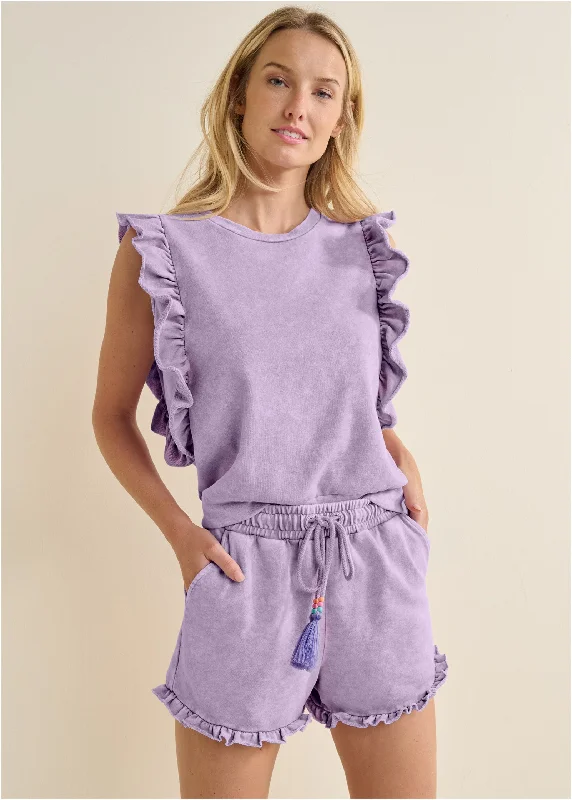 Women's Chic Apparel Terry Ruffle Shorts Set - Purple