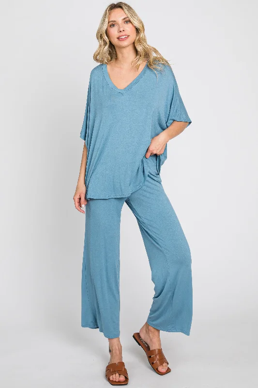 Comfortable Women's Clothes Blue Cropped Pant Set