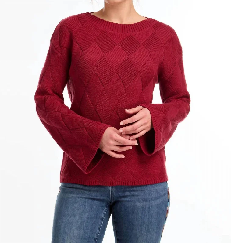 Women's Night-Out Outfit Long Sleeve Boat Neck Sweater In Red Pattern