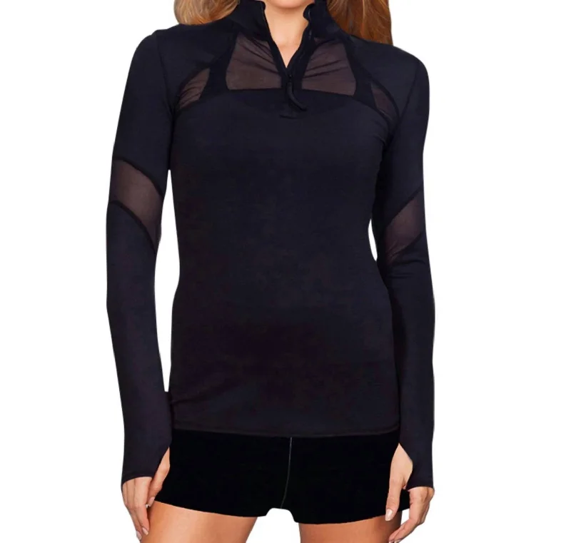 Women's Holiday Clothing Headline Mesh Panel Route Long Sleeve Top In Black