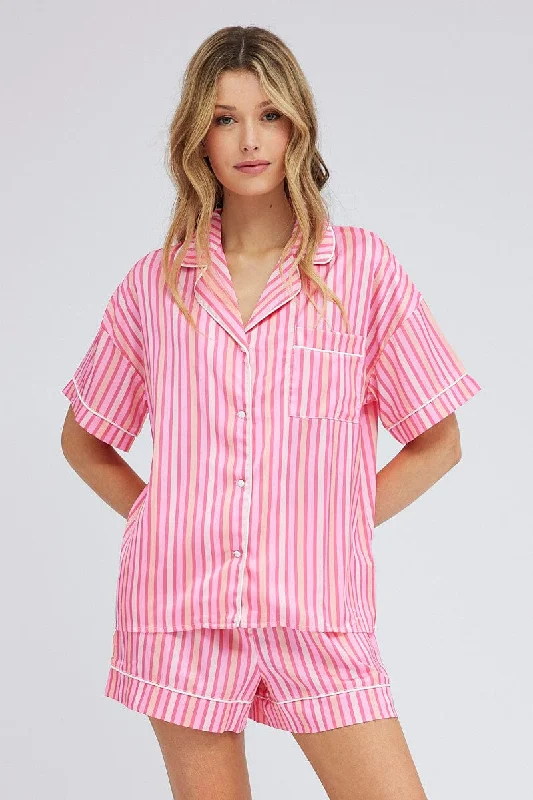 Women's Trendy Casual Clothes Pink Stripe Stripe PJ Satin Contrast Piping Pyjama Set Women's Trendy Casual Clothes Pink Stripe Stripe PJ Satin Contrast Piping Pyjama Set