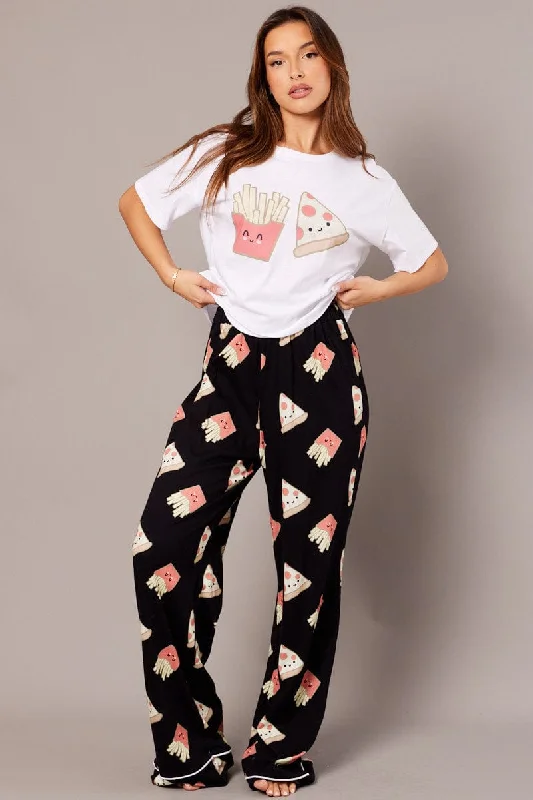 Women's Casual Wear Outfit Black Print Graphic Pj Set Pizza Fries Novelty Pyjama