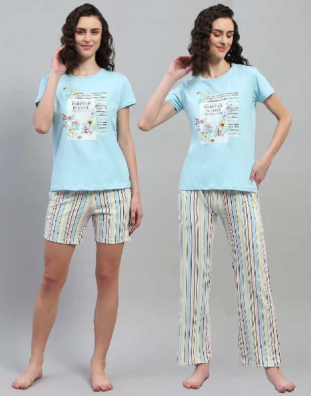 Timeless Women's Clothes Women Sky Blue Printed Round Neck Half Sleeve Combo 3Pc Set Timeless Women's Clothes Women Sky Blue Printed Round Neck Half Sleeve Combo 3Pc Set